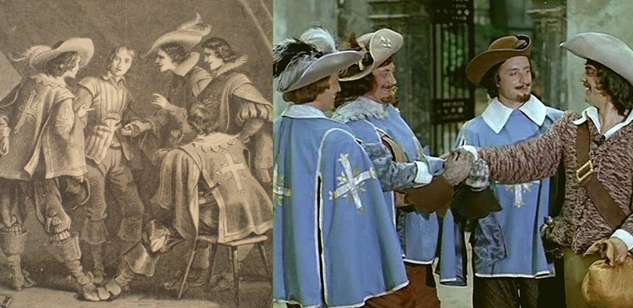 Иллюстрация Ф.Э.Филиппото (1853) / кадр из фильма&nbsp;«Д'Артаньян и три мушкетера» (1979)