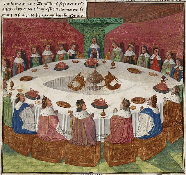 Король Артур и рыцари Круглого стола, в центре — Святой Грааль (Эврар д’Эспинк, 15 в.)