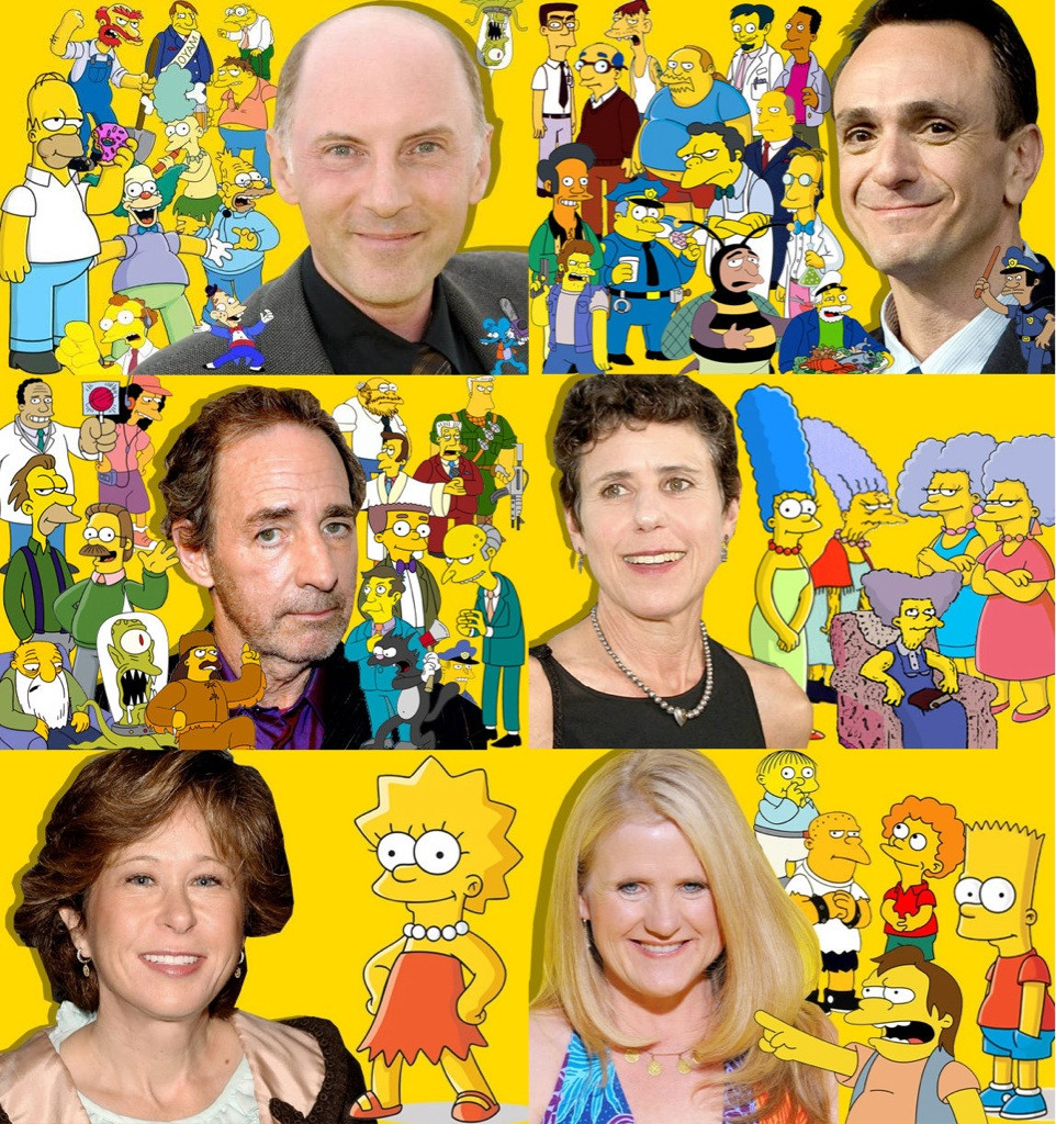 Главные голоса «Симпсонов» слева направо, сверху вниз: Дэн Кастелланета, Хэнк Азариа, Гарри Ширер, Джулия Кавнер, Ярдли Смит и Нэнси Картрайт